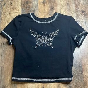 Black and silver rhinestone butterfly crop-top